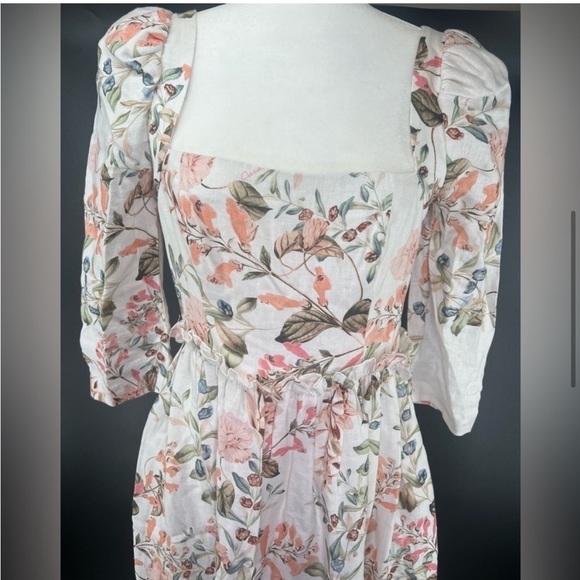 NWT Cara Cara Blue Hill Dress in Trellis Floral Ivory Tiered Linen Dress 4 Four - Picture 3 of 16